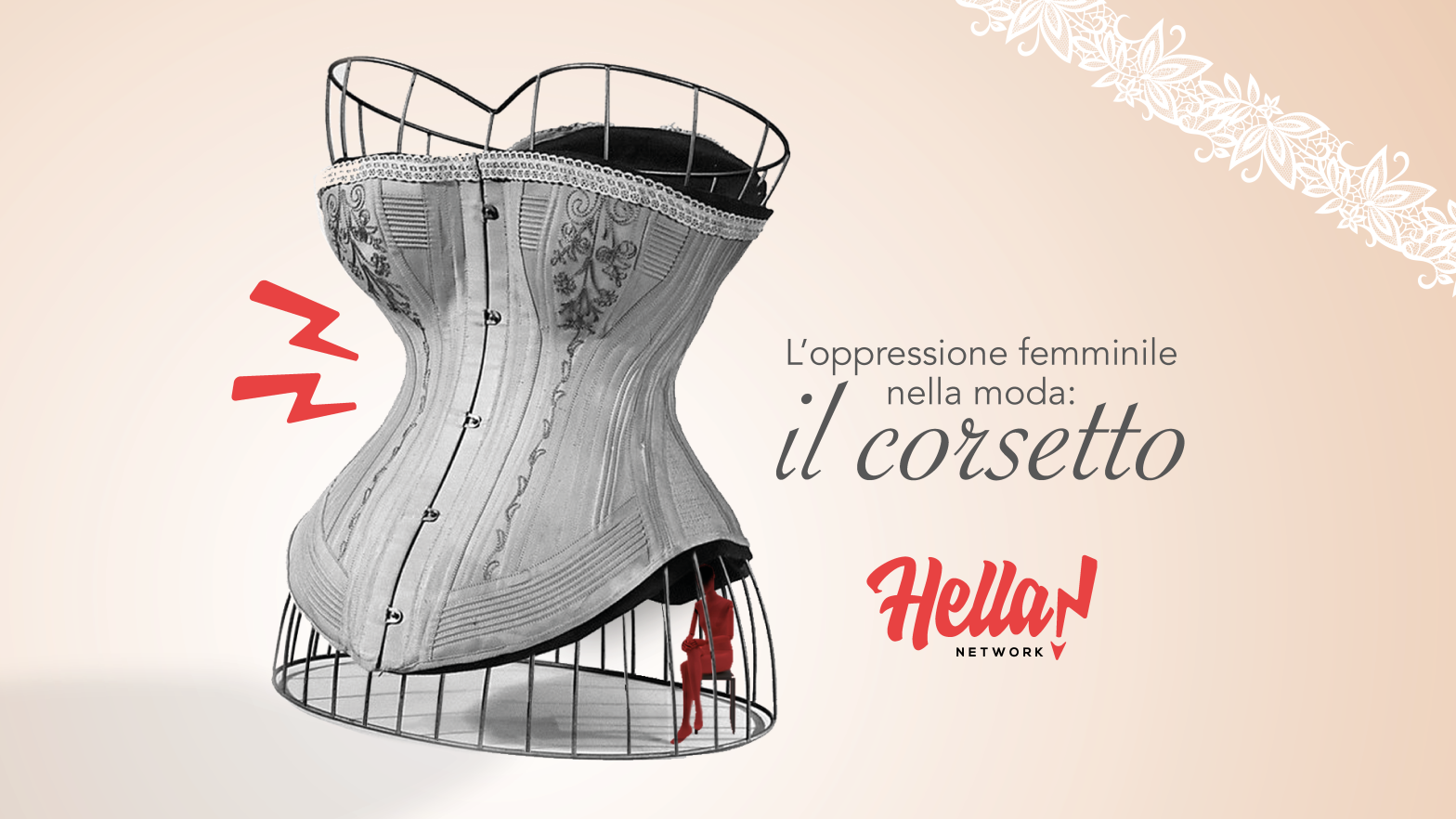 L'oppressione femminile nella moda: il corsetto. Nell'immagine un corsetto diventa gabbia e imprigiona una donna